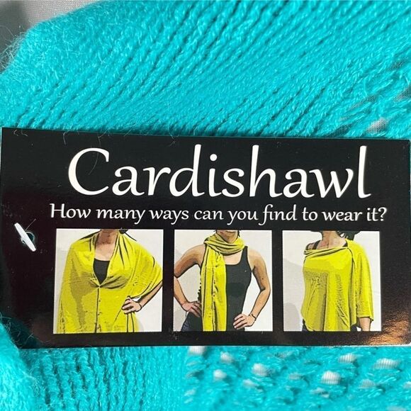 Fishnet Knit Button Up Cardishawl, Teal, Blue, OS - Picture 2 of 12